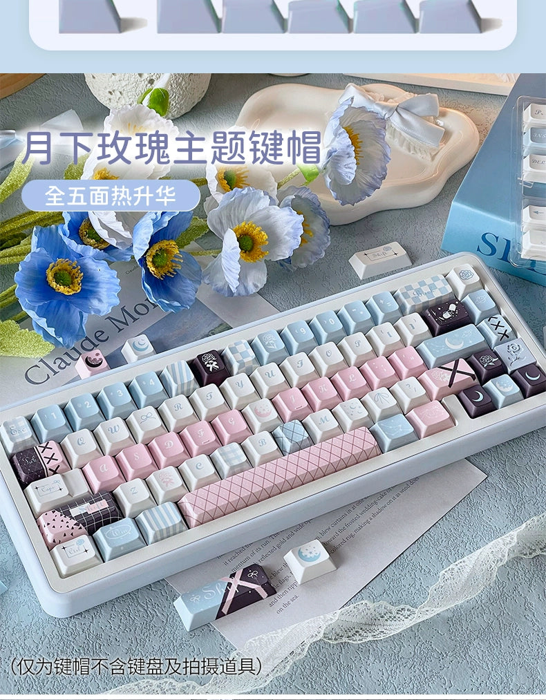 105 Moonlight Rose Pink and Blue Cherry Profile Keycaps 128-key