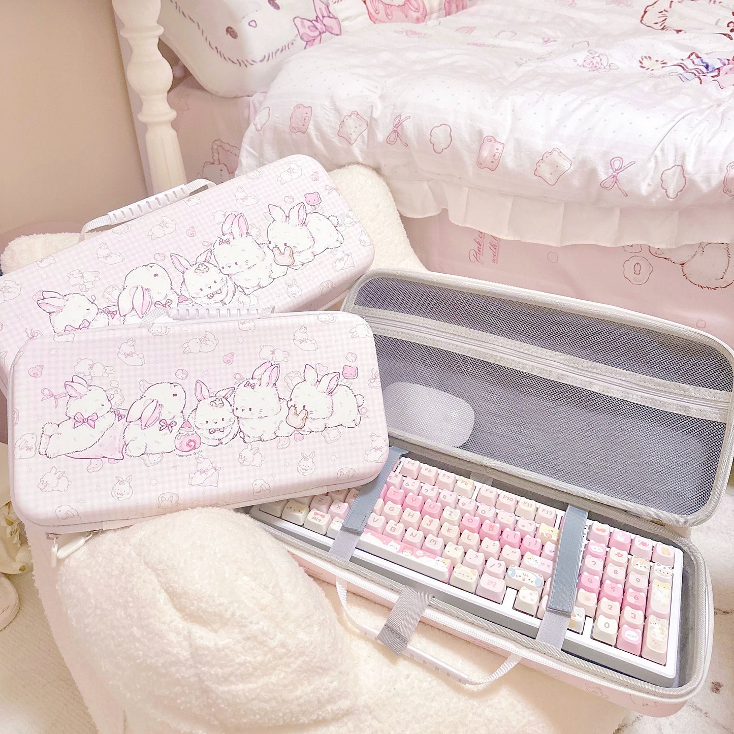 Pink Cute Bunny Bread Kitty Keyboard Portable Case Keyboard Storage Bag Dustproof Waterproof （not including keyboard or keycaps）