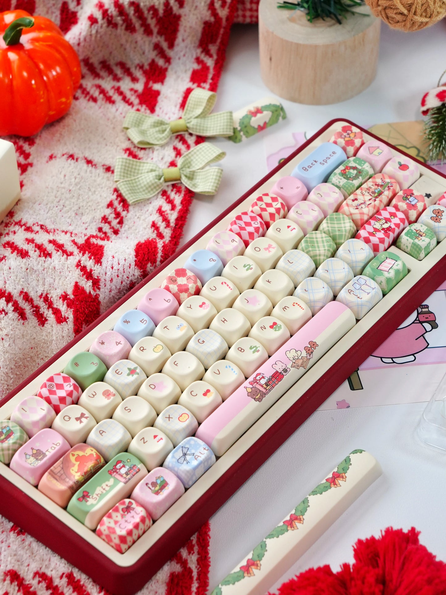 #0262 Buny Red Pink and Green Cute Christmas Birthday Gift Keycap Cherry/moa Profile (not including keyboard)