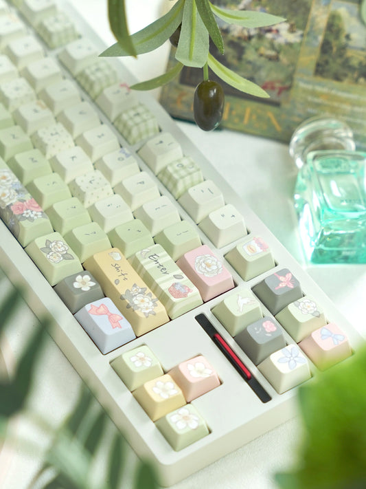 036 Pastel Green Spring Meow Flower Letter Cat Cute and Fresh Cherry Profile Keycaps