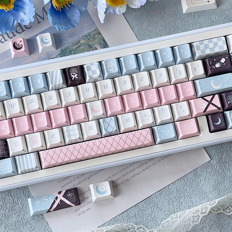 105 Moonlight Rose Pink and Blue Cherry Profile Keycaps 128-key