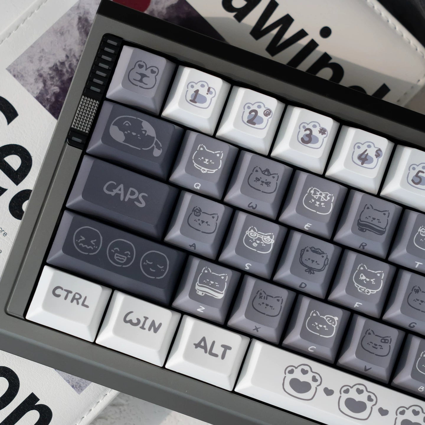 #0276 Emo Gray Kitten Black and White Side Engraved Keycap Designed By URE