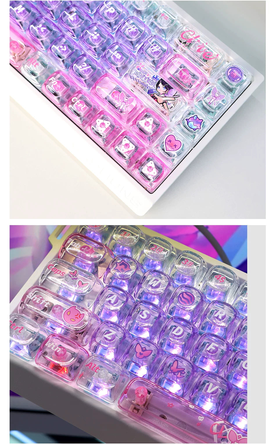 #0259 Twilight Purple Pink Glittering Butterfly 2.0MOA Profile PC Transparent 60/68/87 Keycap Set（not including keyborad）