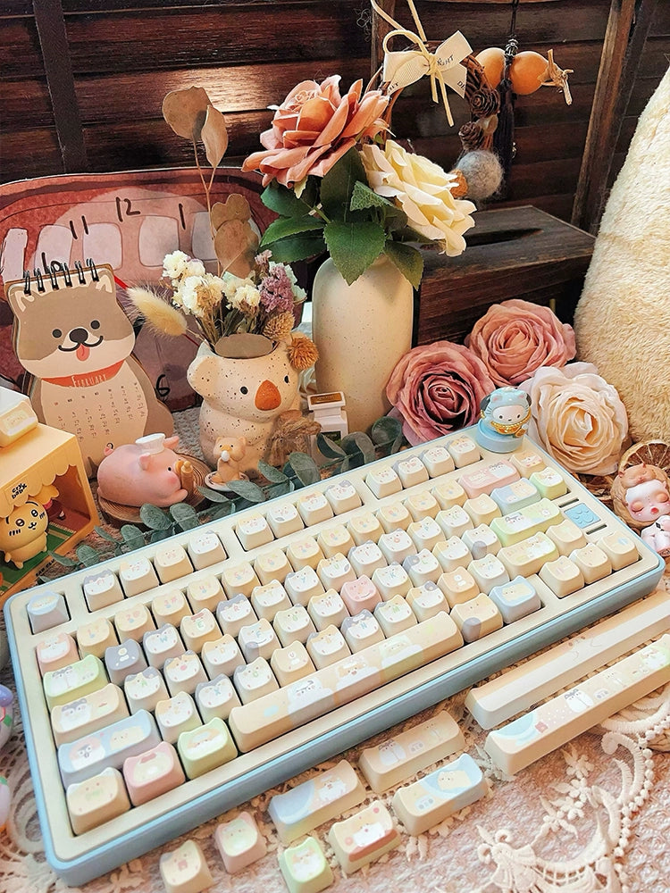 053 Pastel Pale Blue Yellow Beige Kawaii Hamster MAO Profile Customized Keyboard Keycaps Cute Keycaps with Kitty Ears Cat-headed