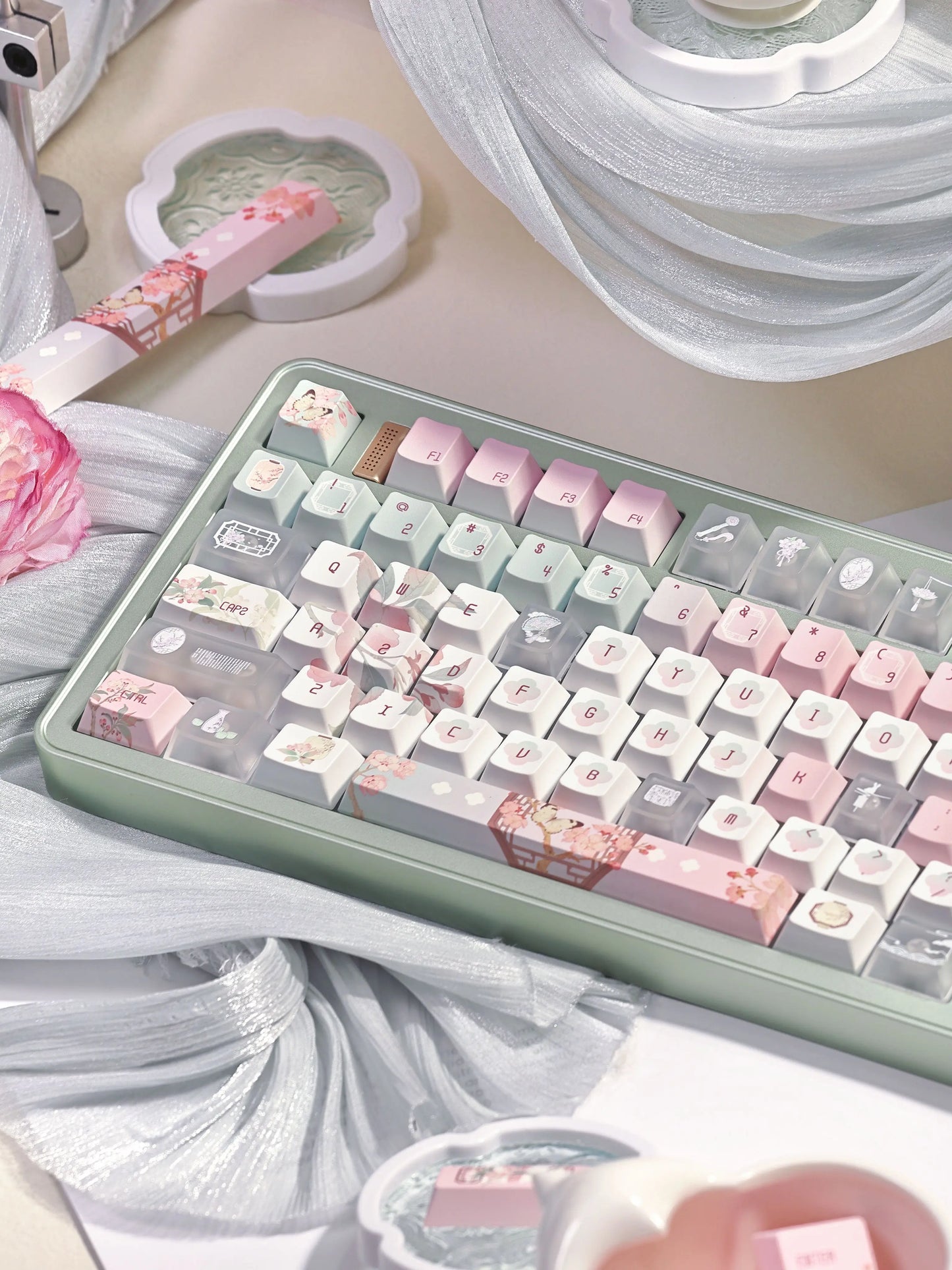#0264 Begonia Sleepless Keycap Pink Green + Fog Transparent Pc Cherry Profile Designed By Miller