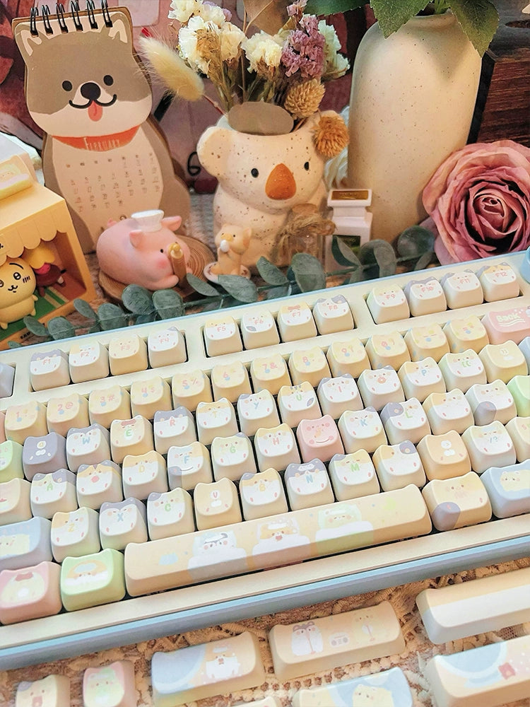 053 Pastel Pale Blue Yellow Beige Kawaii Hamster MAO Profile Customized Keyboard Keycaps Cute Keycaps with Kitty Ears Cat-headed