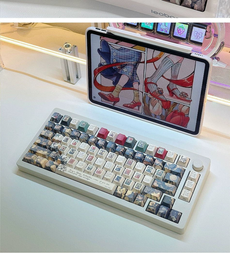 042 Elegant Dark Floral Letter Keycaps Cherry Profile Retro Maximalism Style Design