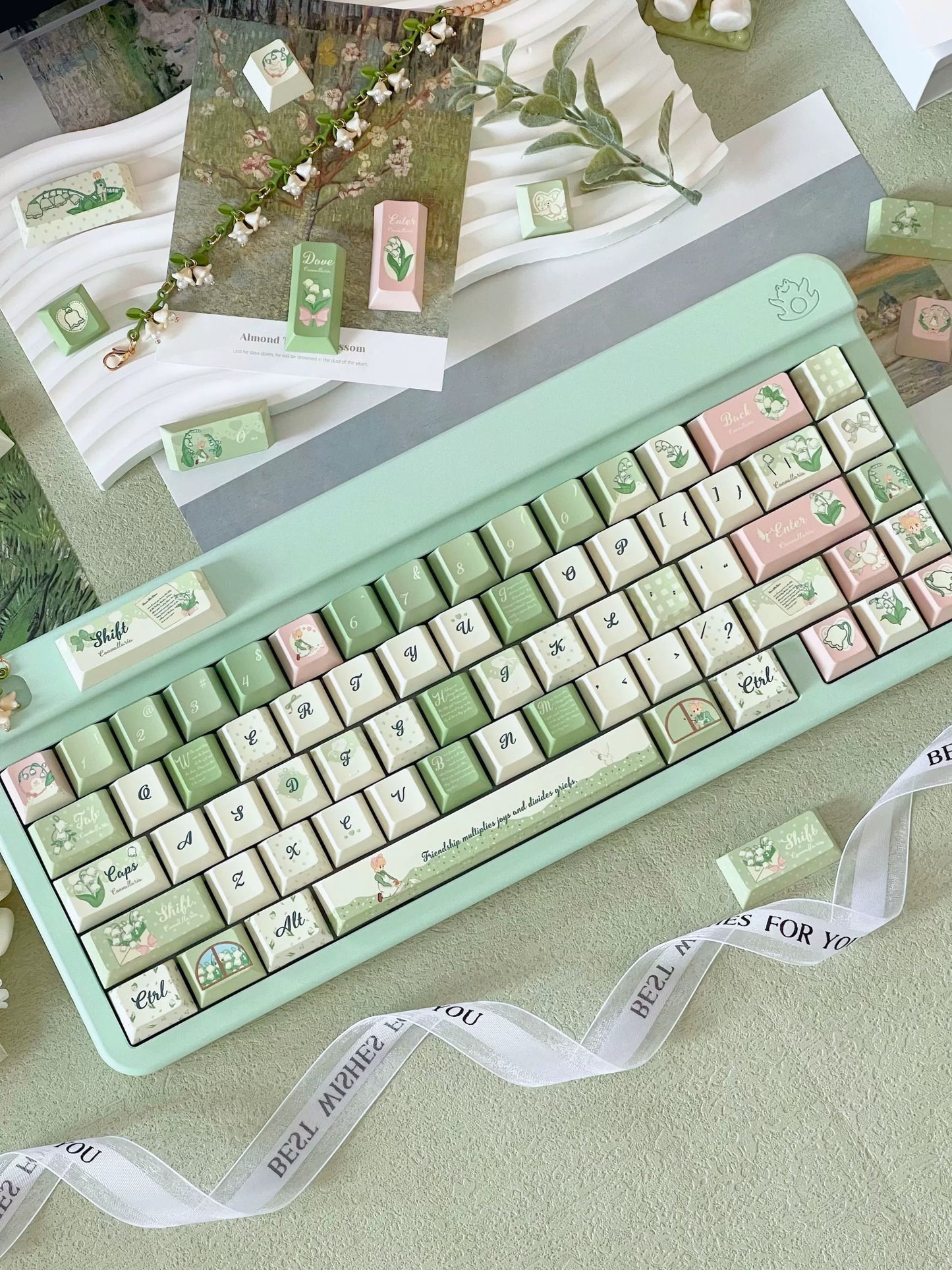 041 Lily of The Valley Pastel Green Pink Cherry Profile Keycap 131 Keys