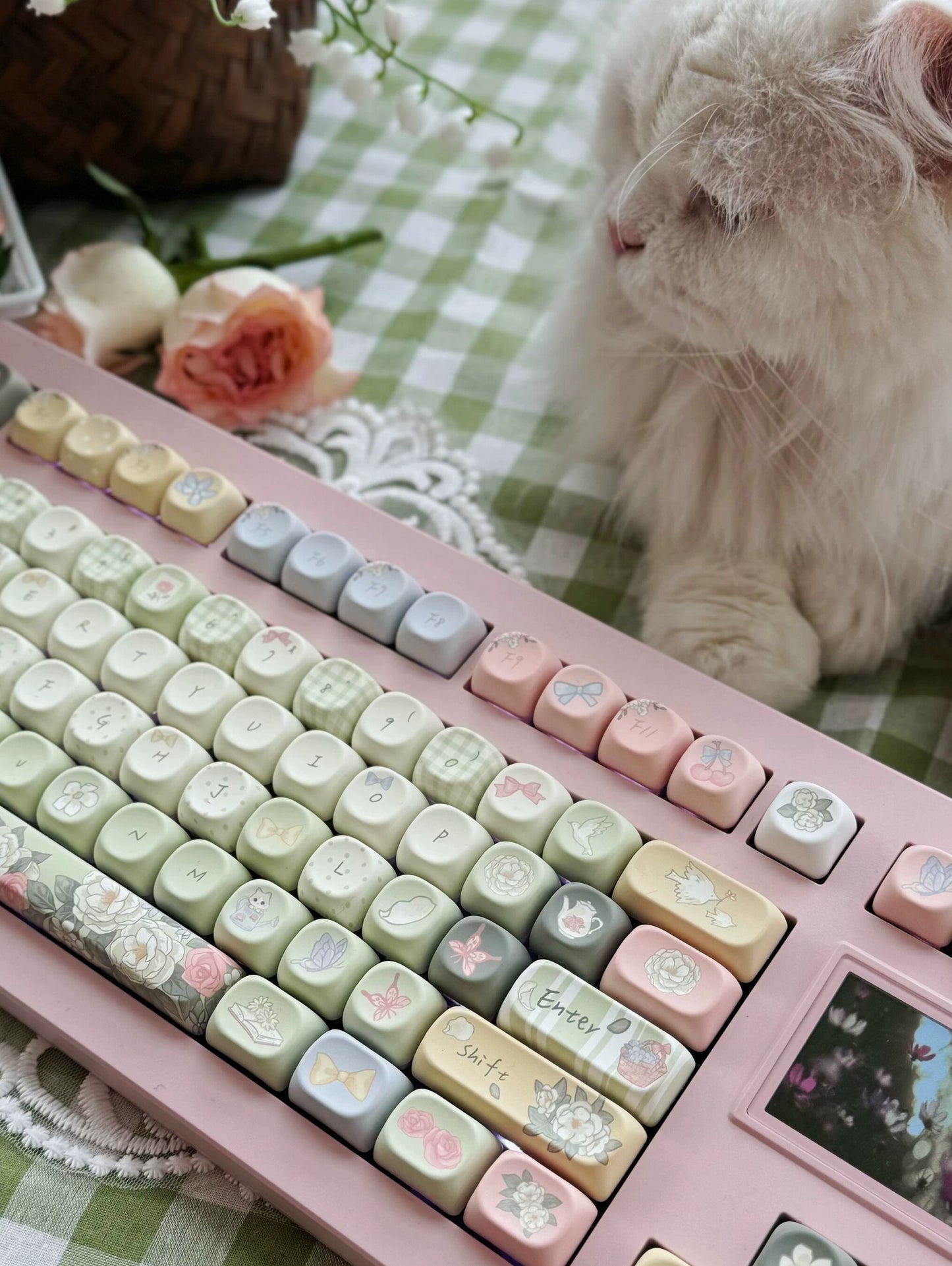 036 Pastel Green Spring Meow Flower Letter Cat Cute and Fresh Cherry Profile Keycaps