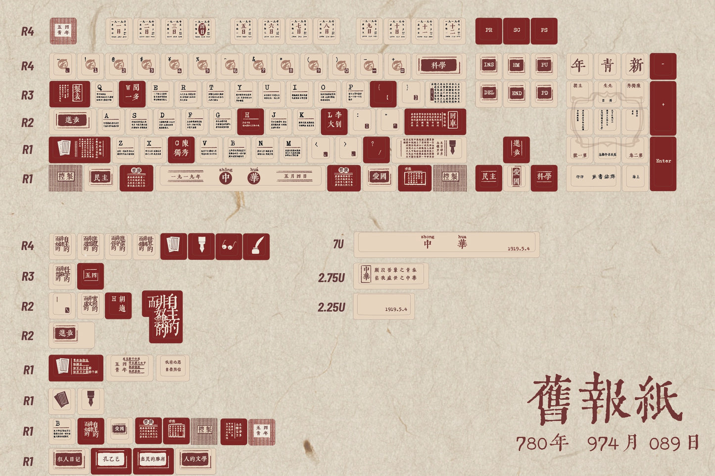 059 Dark Red Beige Chinese Characters Old Newspaper New Youth Retro Keycaps Designed By Mocoo Studio