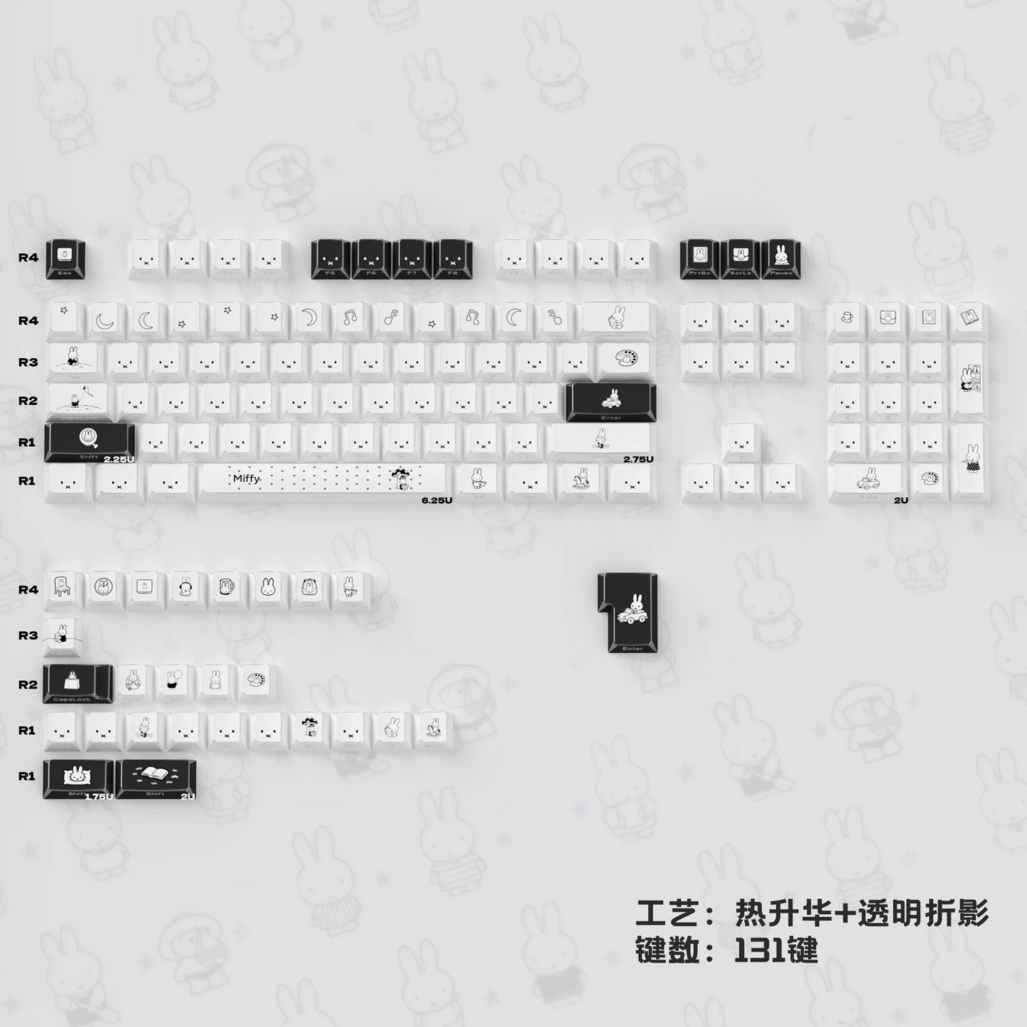 #0261 Black White Miffy Rabbit Edge Transmission Side Engraved Keycap Cherry Profile Not Including The Keyboard