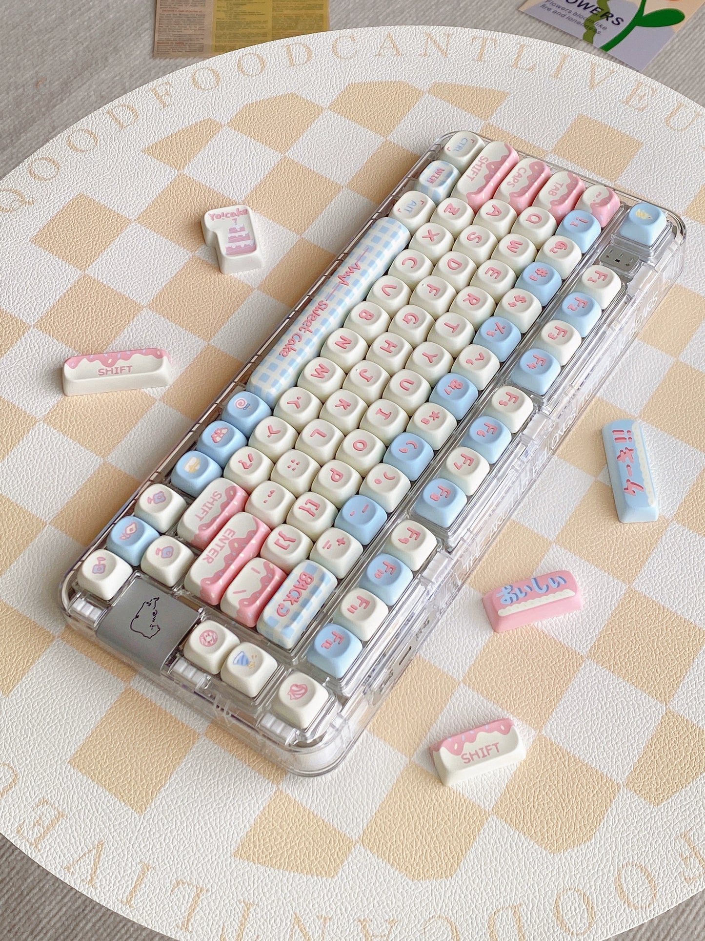 068 Pastel Blue and Pink Cream Beige Off White MoCoo Cake Cherry/SOA(MOA with Slope) Keycap Cute Keycap