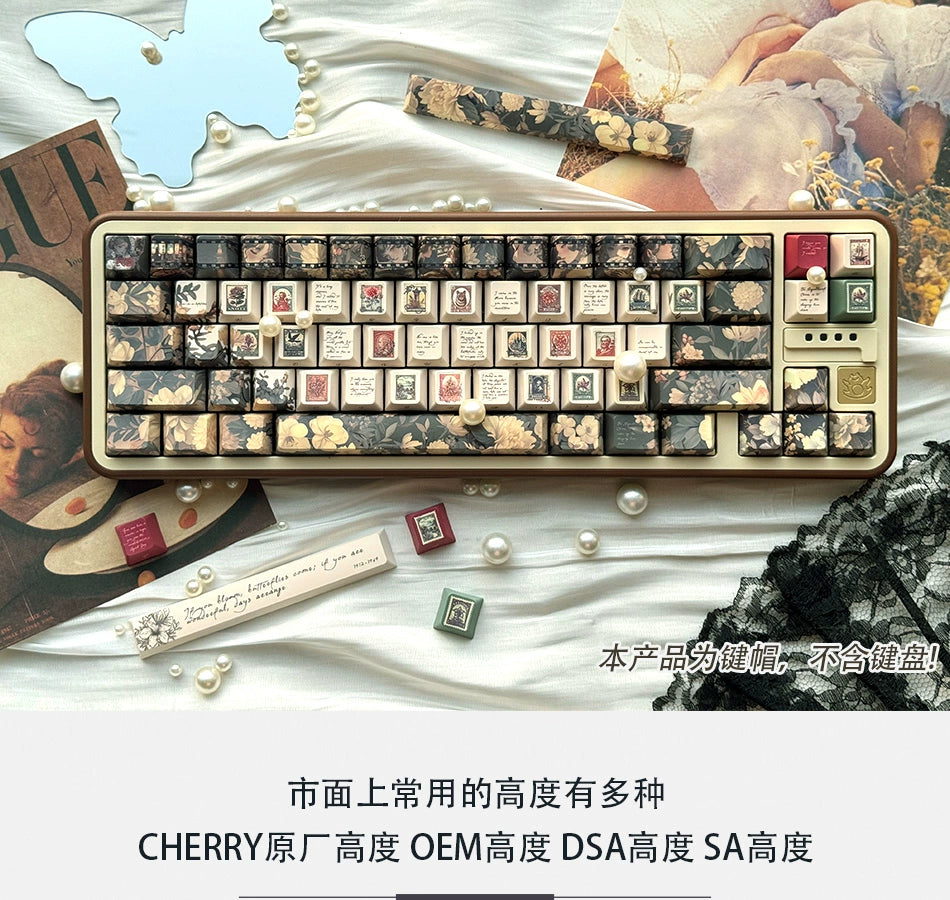 042 Elegant Dark Floral Letter Keycaps Cherry Profile Retro Maximalism Style Design