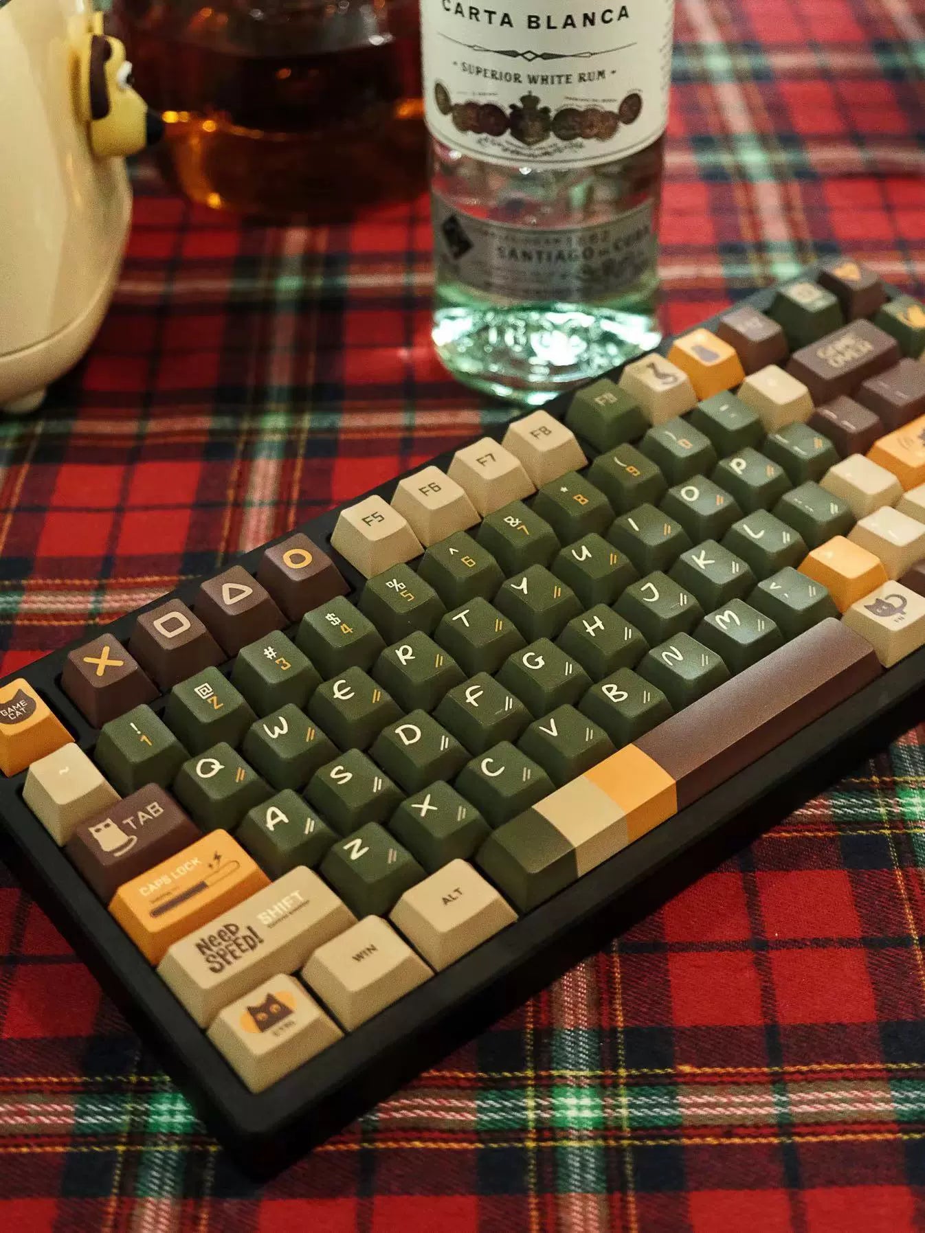 063 Game Cat Vintage Olive Green Coffee Ginger Cherry Profile Keycaps 143 keys