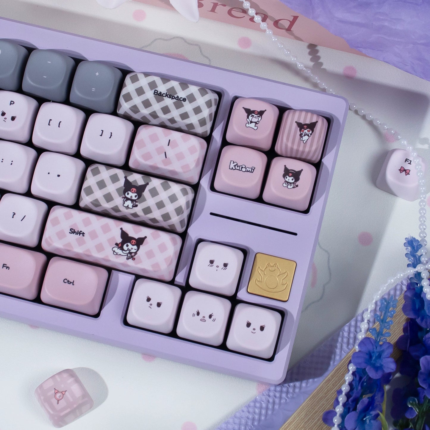 #0234 Kuromi Theme Grey Pink Keycap PBT + PC CHERRY/MOA Profile Designed By URE（not including keyboard））