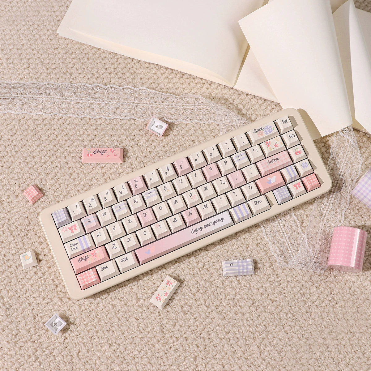 043 Pastel Pink Blue Grids Garden Keycap Cherry/ MOA Profile 152 keys BeeFun design