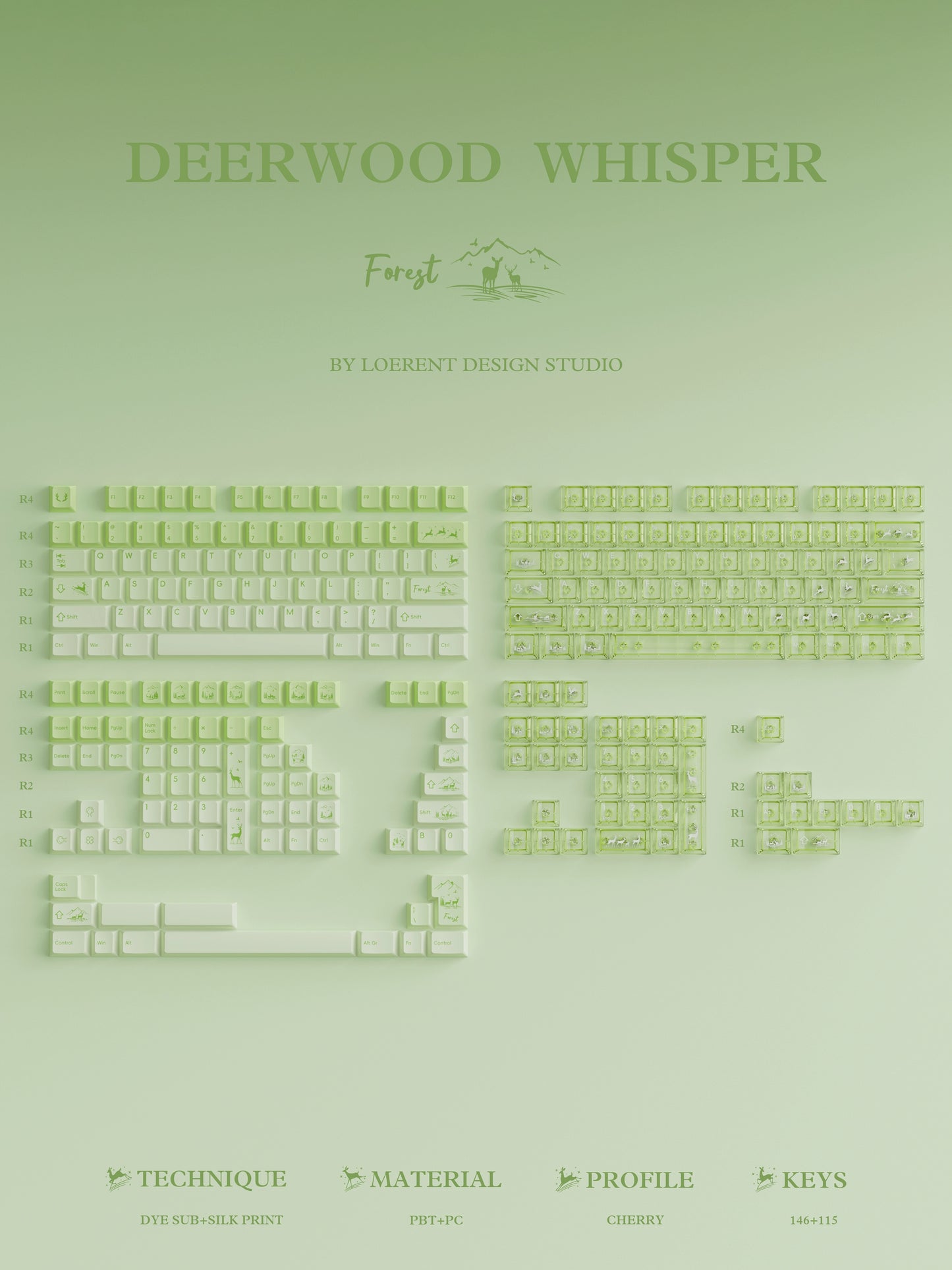 #0216 Fresh Green Dearwood Whisper Keycap Set Cherry Profile PBT146+PC115  （not including keyboard）