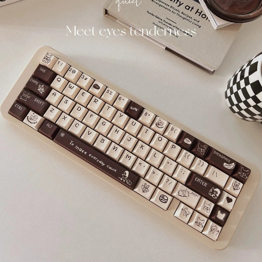 055 Creamy White and Coffe Brown Bulldog Keycap Cherry Profile 143 Keys Keyboard Keycap