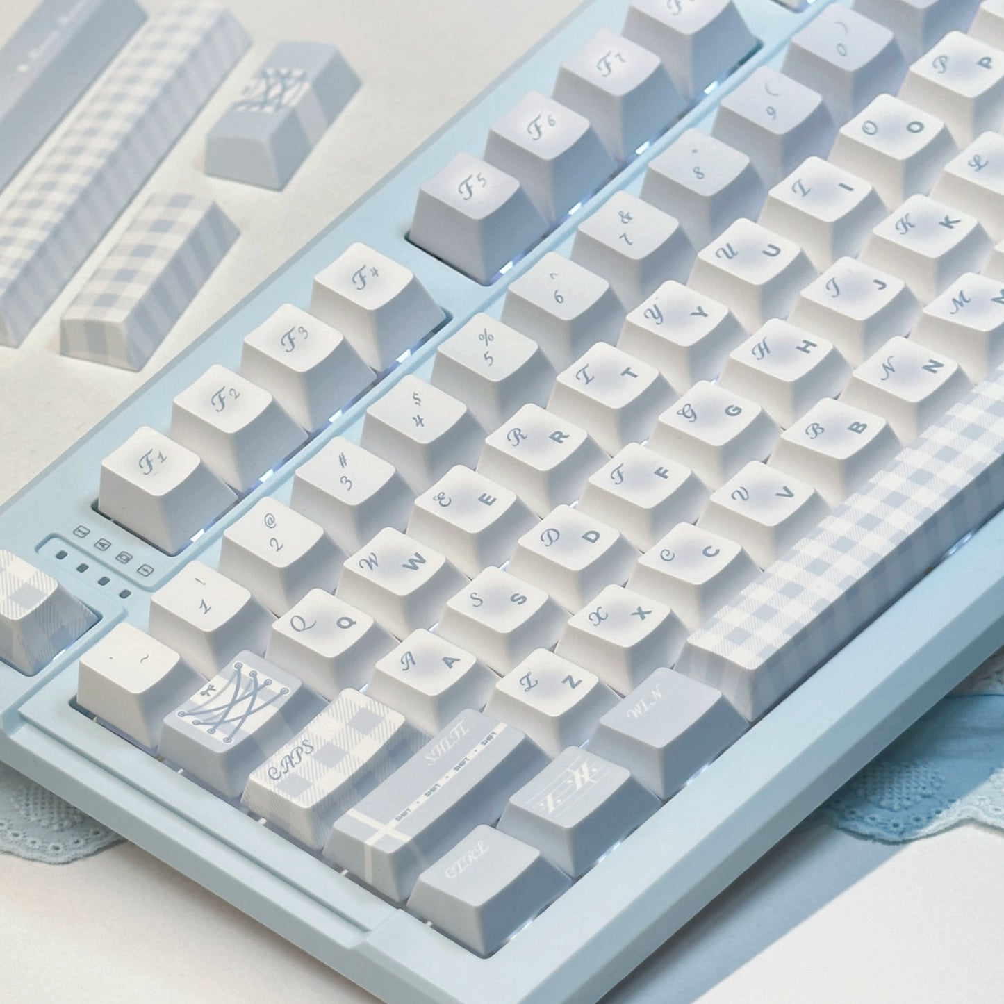 076 Pastel Blue Lace Grid Elegant Monsoon Movement 140 Keys Cherry Profile Keycaps