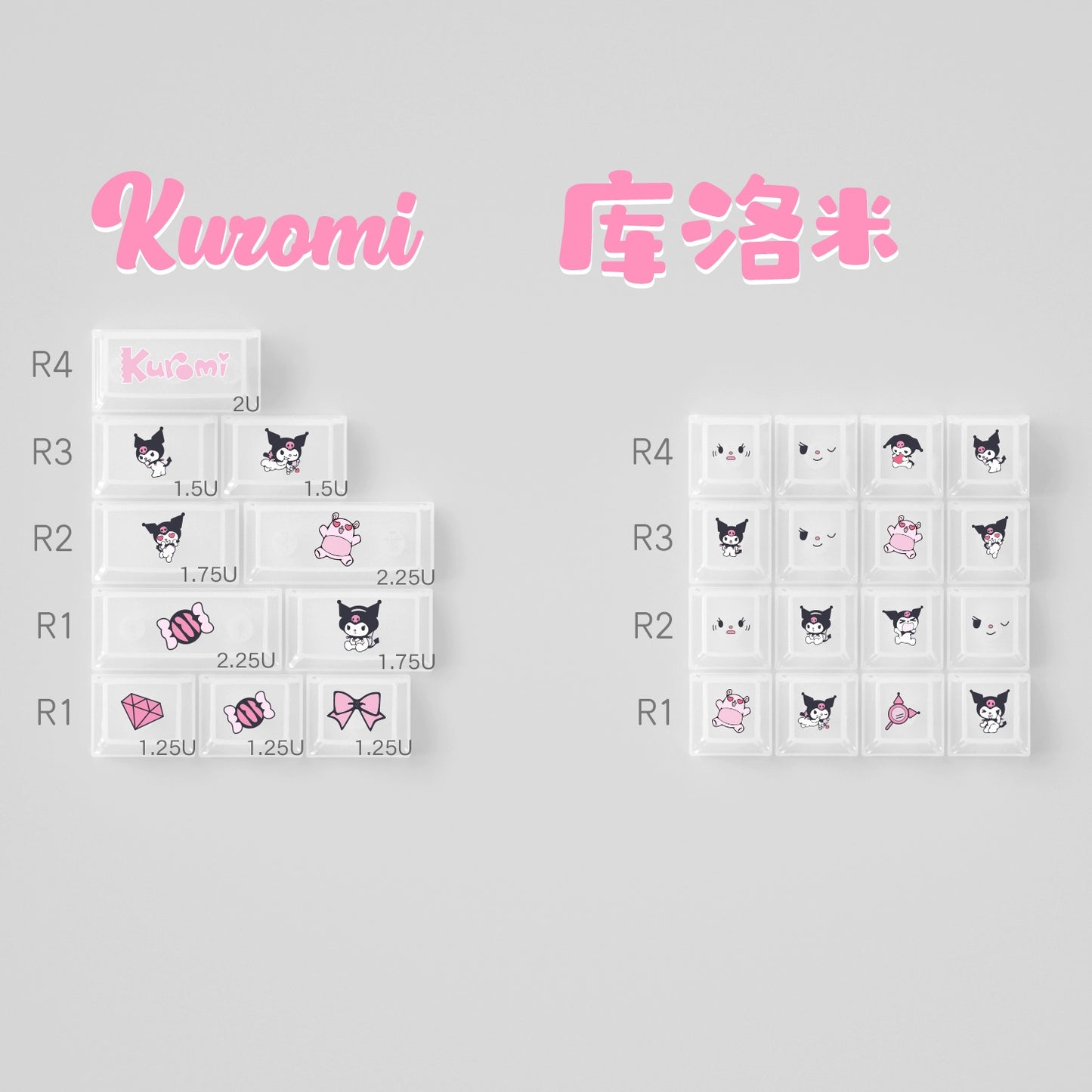 #0234 Kuromi Theme Grey Pink Keycap PBT + PC CHERRY/MOA Profile Designed By URE（not including keyboard））
