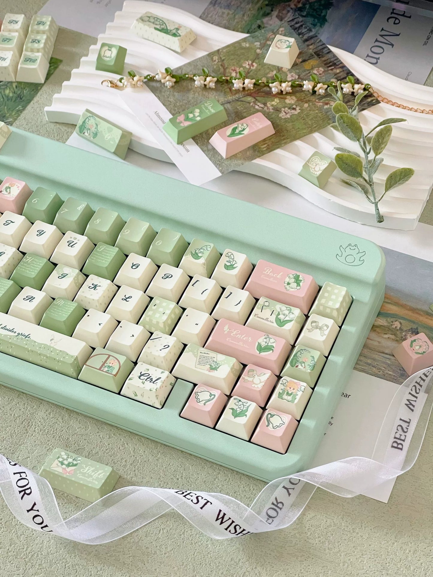 041 Lily of The Valley Pastel Green Pink Cherry Profile Keycap 131 Keys