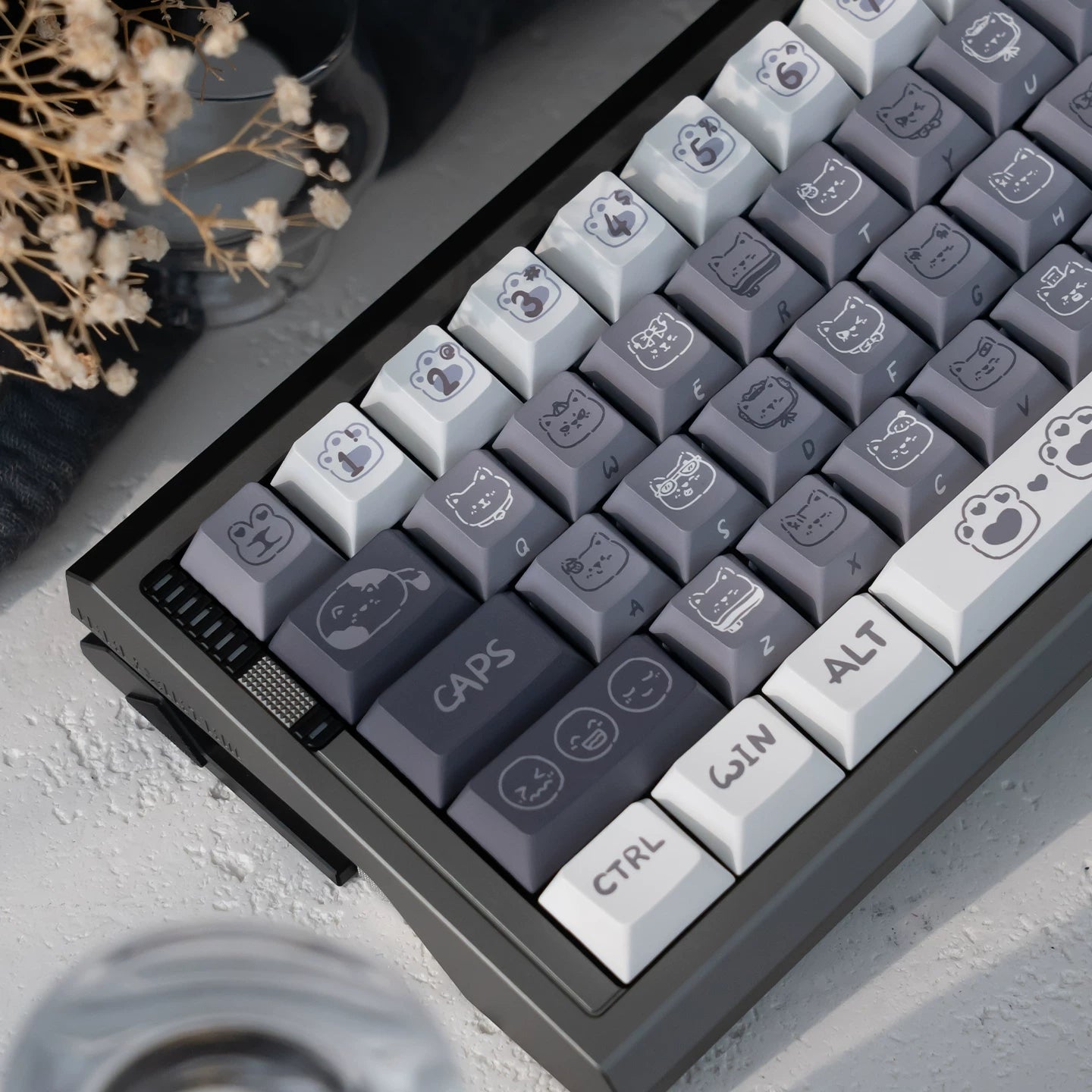 #0276 Emo Gray Kitten Black and White Side Engraved Keycap Designed By URE