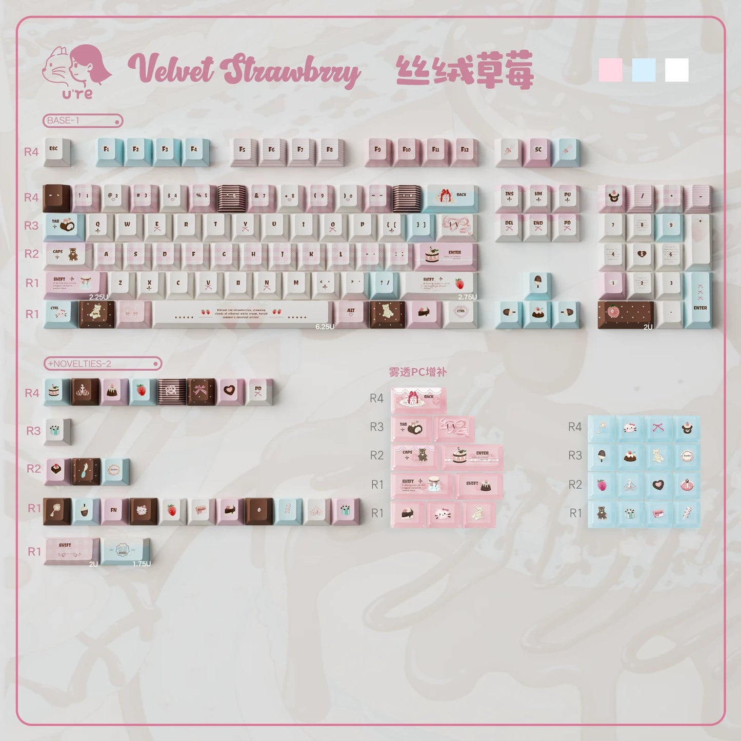 #0272 Velvet Strawberry PBT+PC Frosted Keycaps Cherry / MOA Profile Designed By URE