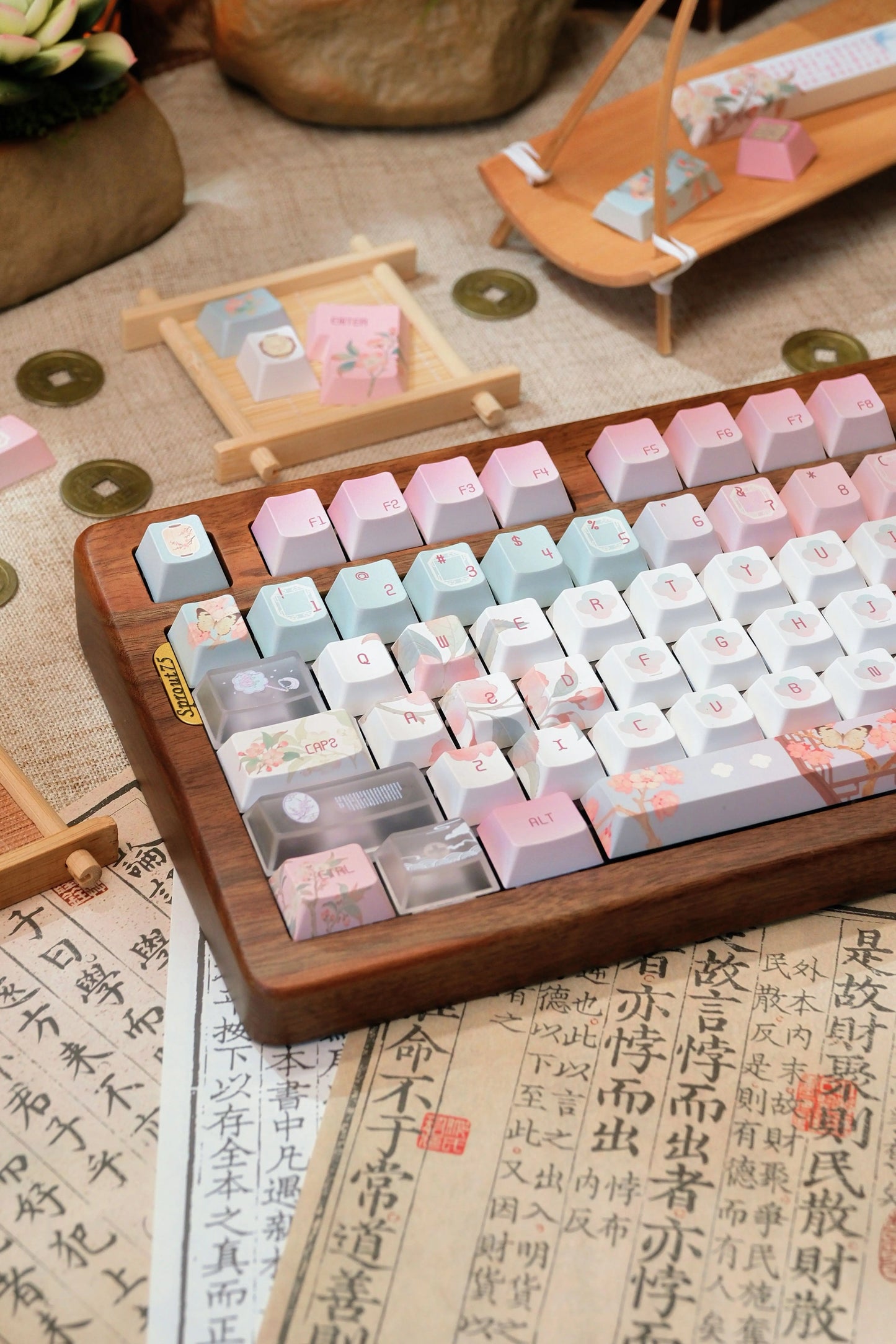 #0264 Begonia Sleepless Keycap Pink Green + Fog Transparent Pc Cherry Profile Designed By Miller
