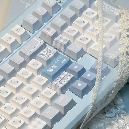 076 Pastel Blue Lace Grid Elegant Monsoon Movement 140 Keys Cherry Profile Keycaps