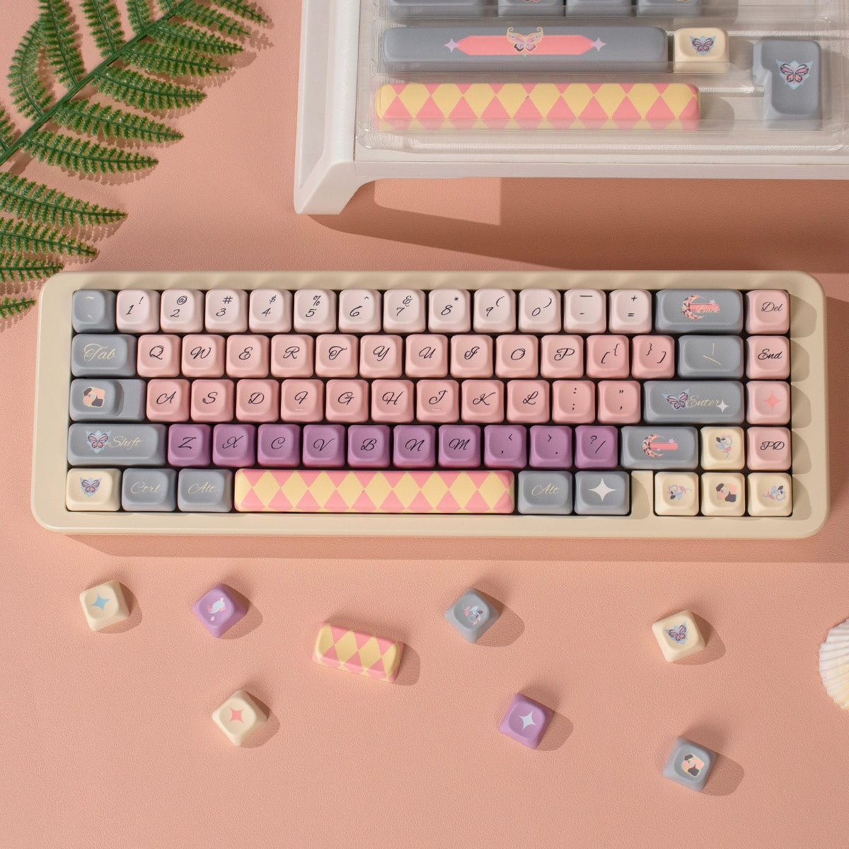 Pastel Purple Pink Gray Blue Moonlight Butterfly SOA/URE Profile Keycap Set URE Studio Designed