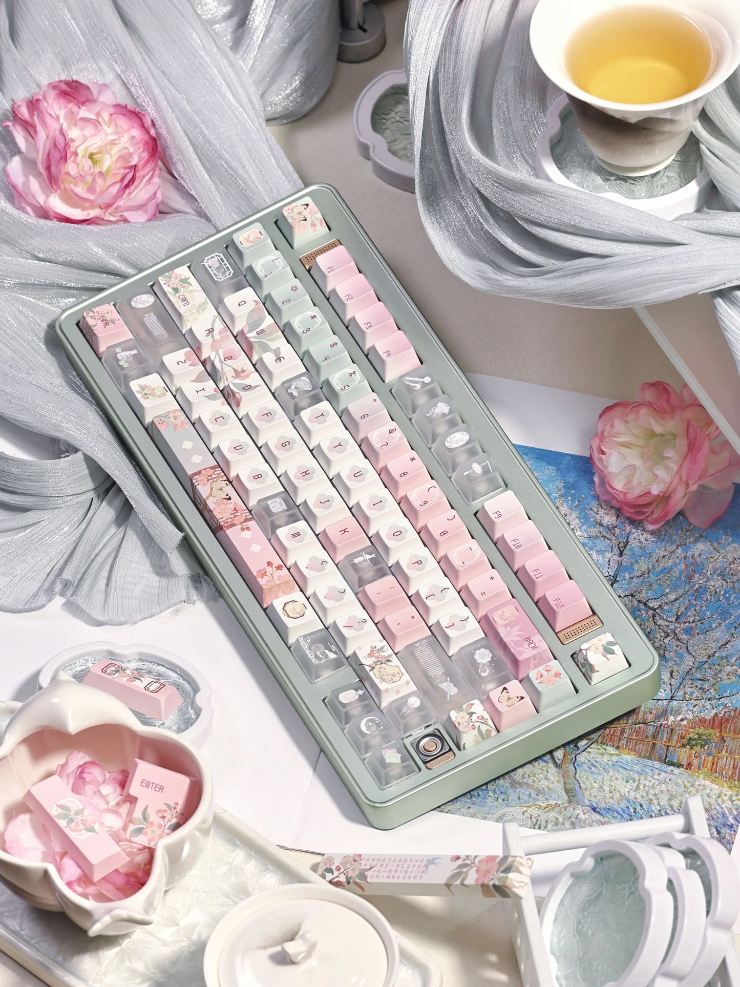 #0264 Begonia Sleepless Keycap Pink Green + Fog Transparent Pc Cherry Profile Designed By Miller