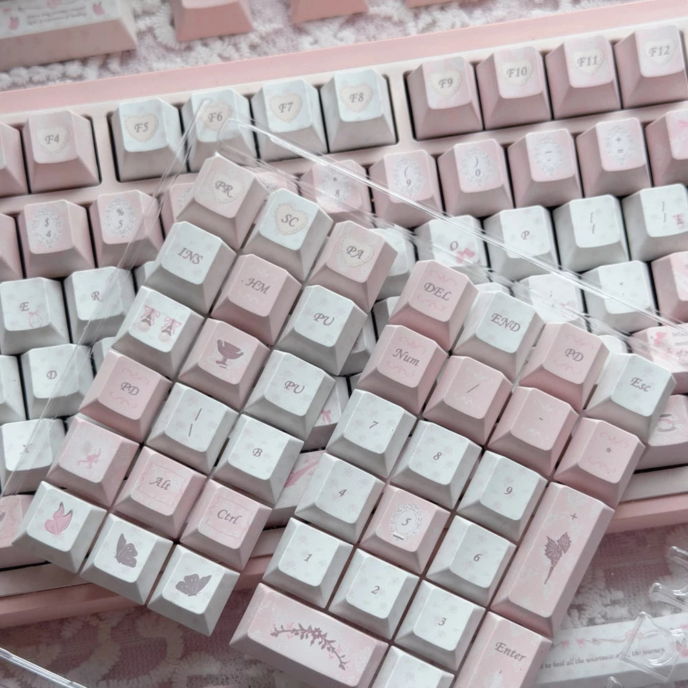 #0295 Pale Pink Letter Vintage Pink Keycap Set – Retro Feminine 140-Key PBT Keycaps for Mechanical Keyboards Designed By Twinkle Lab