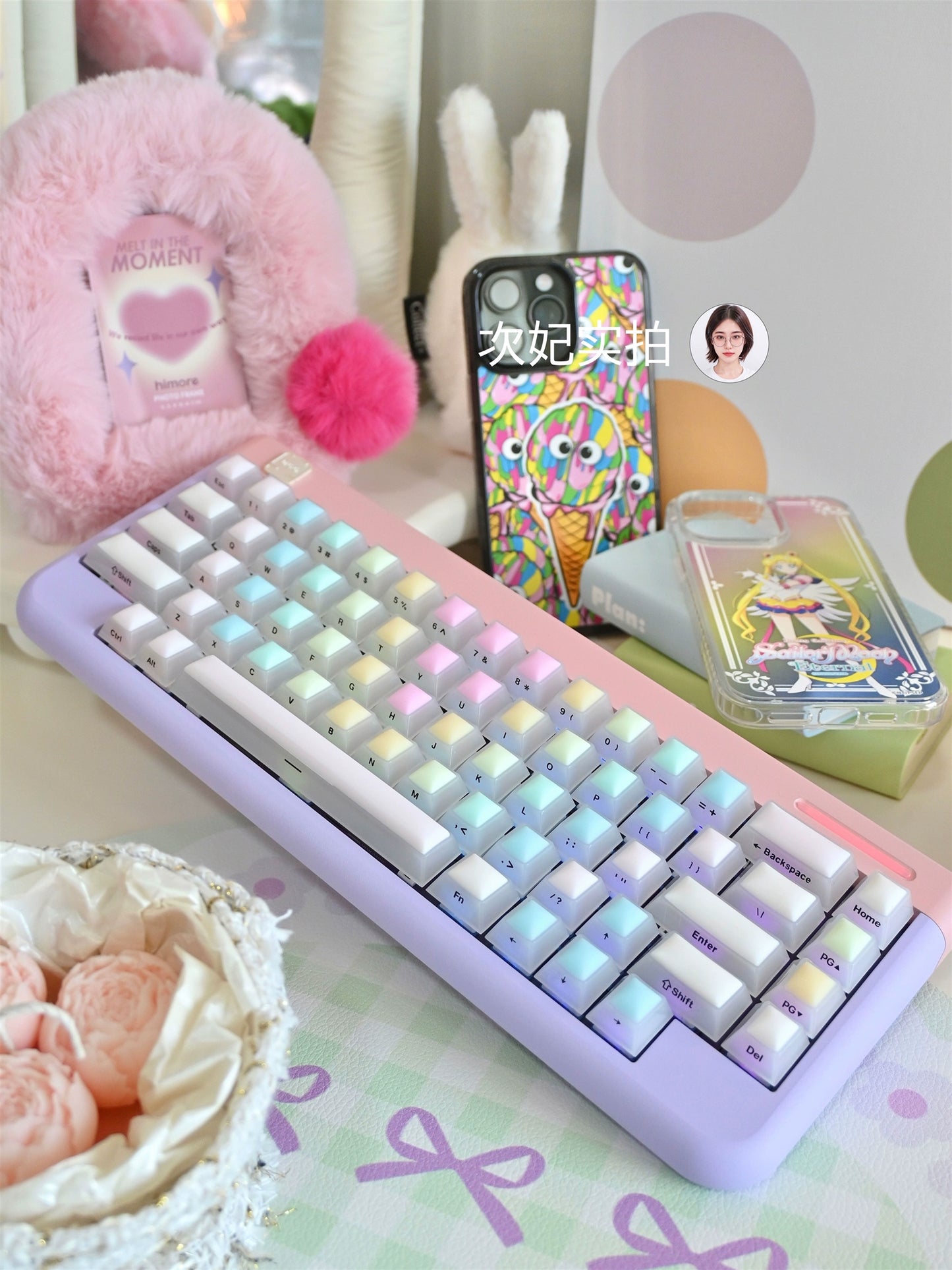 114 Rainbow Fudge Keycaps Fog Clear Silicone Material Soft Bounce Cute Keycaps Cherry Profile 124-key Side-print