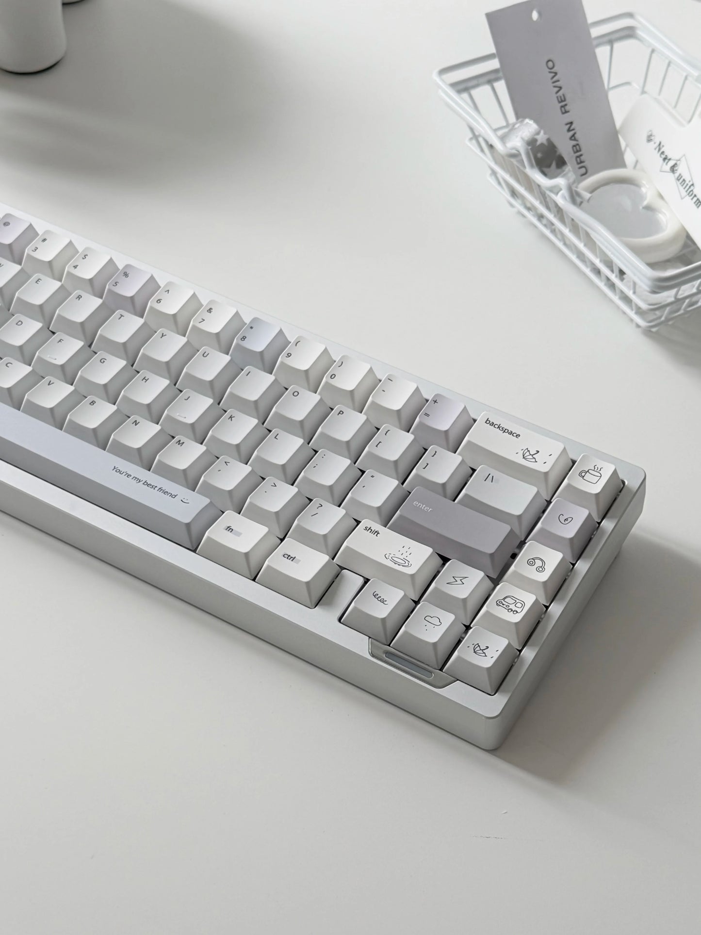 #0296 Minimalist Pale Blue White & Gray Keycap Set – Retro Japanese Style PBT Keycaps for Mechanical Keyboards Designed By Mochi Lab