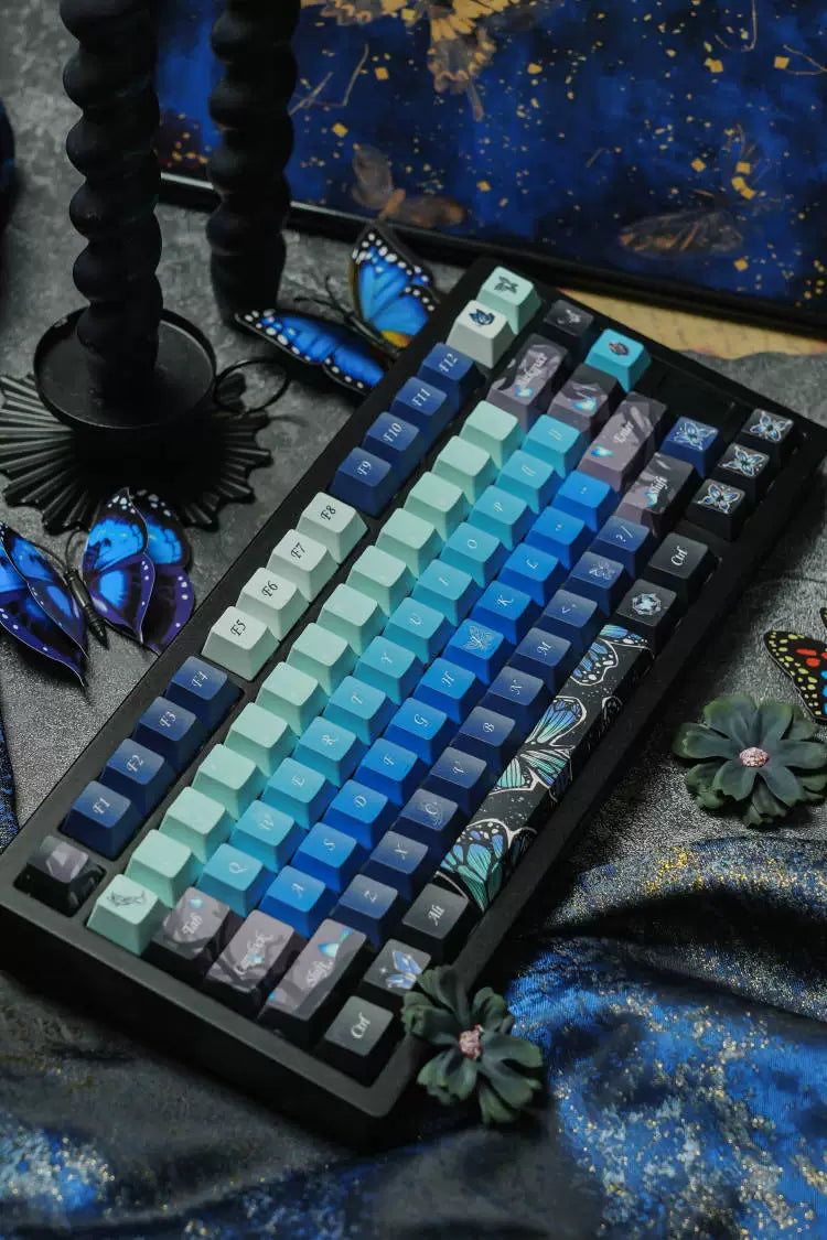 064 Midsummer Night's Dream Blue Butterfly Keycaps Cherry Profile Designed By Fox Paws Studio