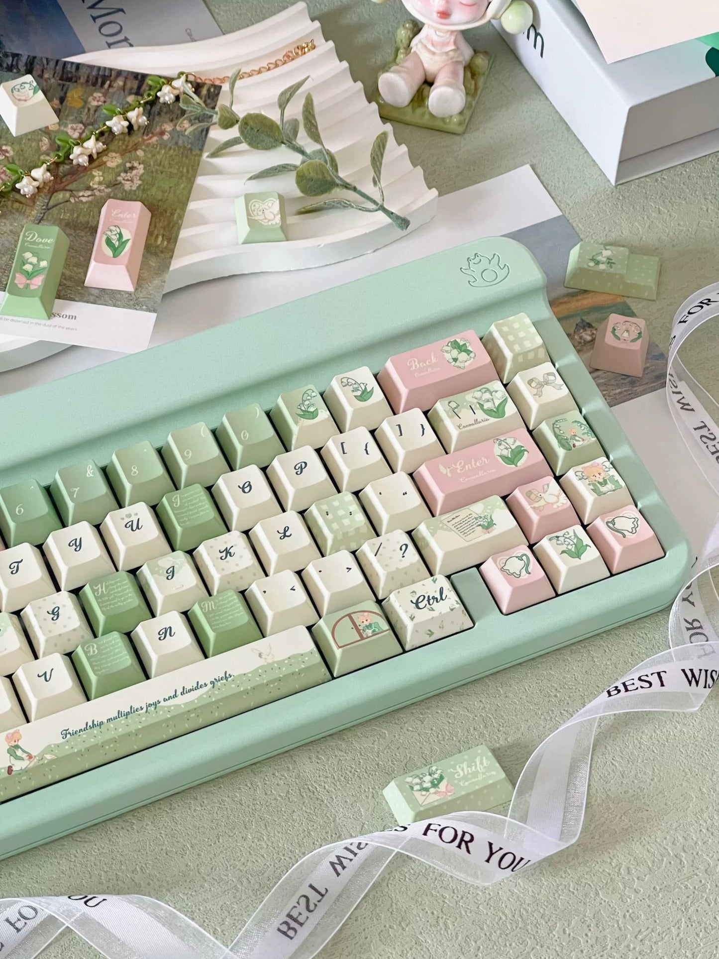 041 Lily of The Valley Pastel Green Pink Cherry Profile Keycap 131 Keys