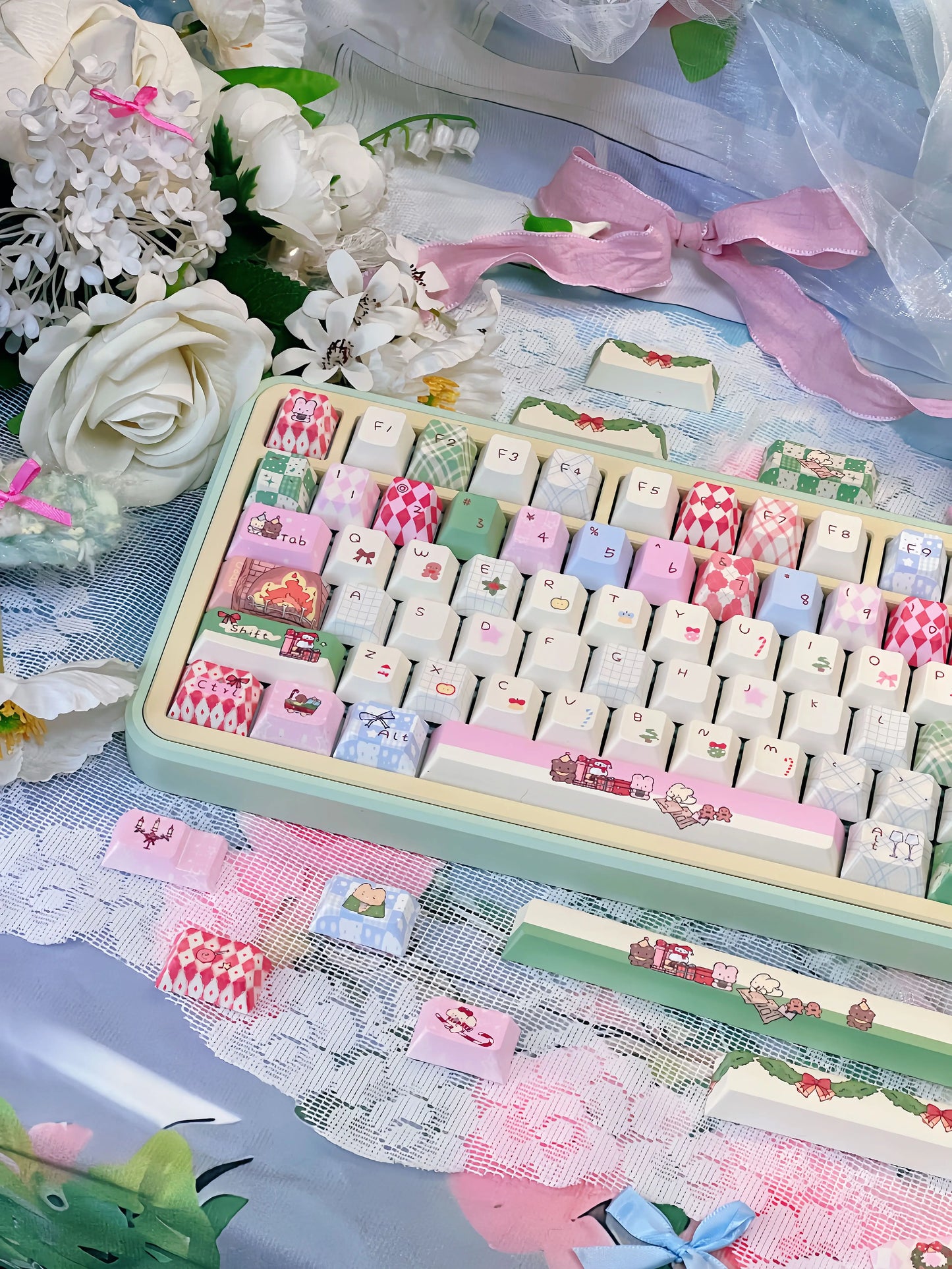 #0262 Buny Red Pink and Green Cute Christmas Birthday Gift Keycap Cherry/moa Profile (not including keyboard)