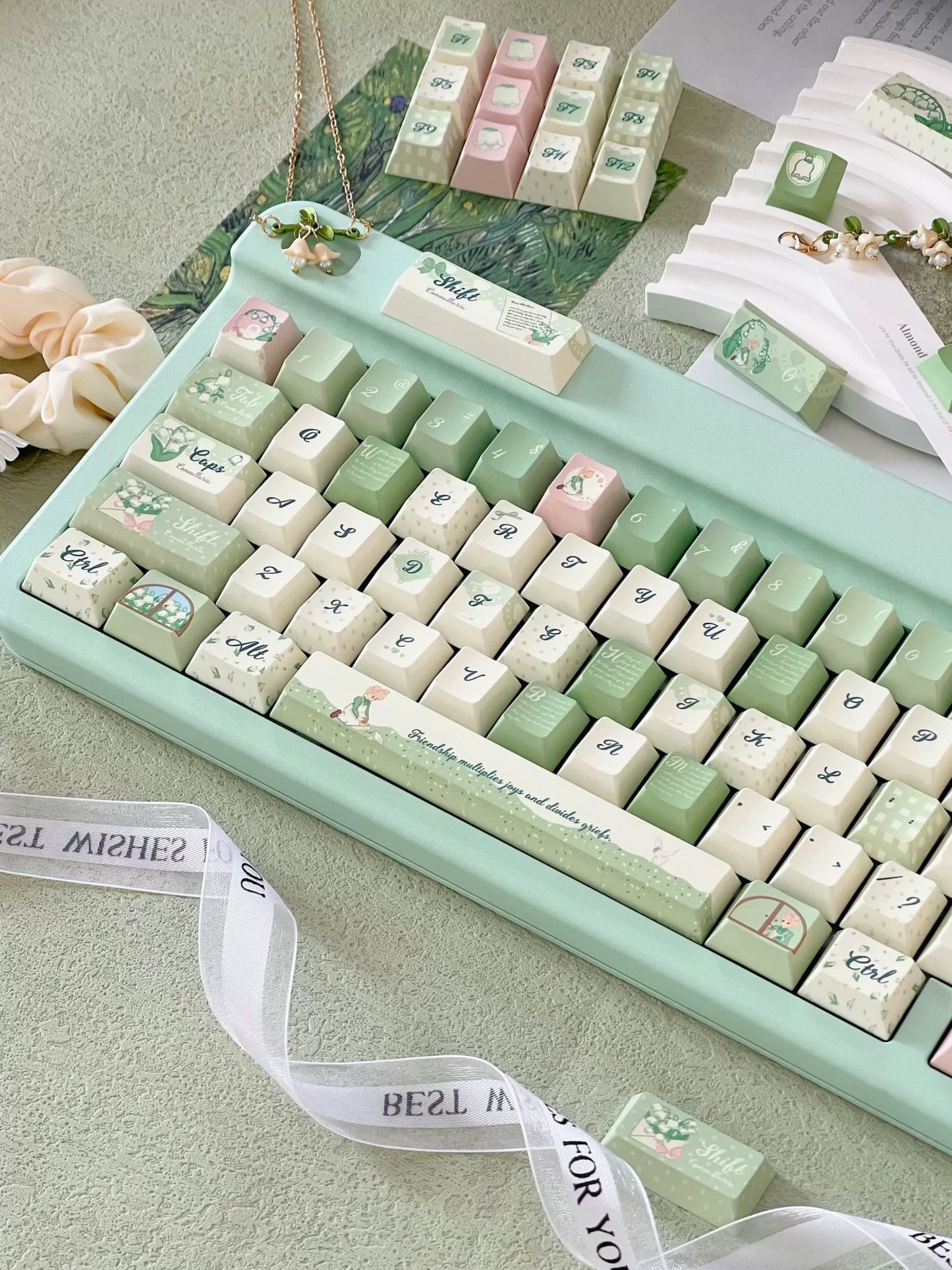 041 Lily of The Valley Pastel Green Pink Cherry Profile Keycap 131 Keys