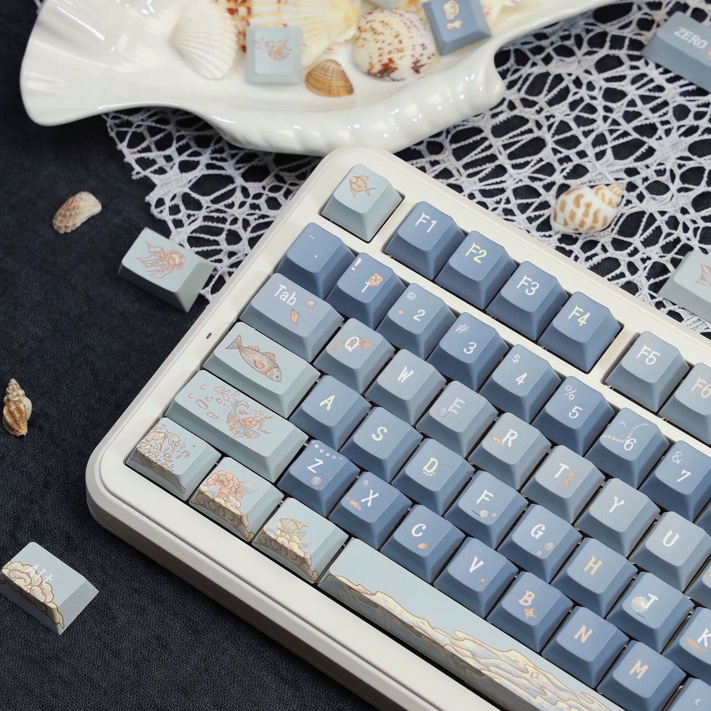 048 Foggy Pastel Blue Sea Creature Keycap Set Cherry Profile SO Profile 139 Keys Designed By Sleeping Sheep