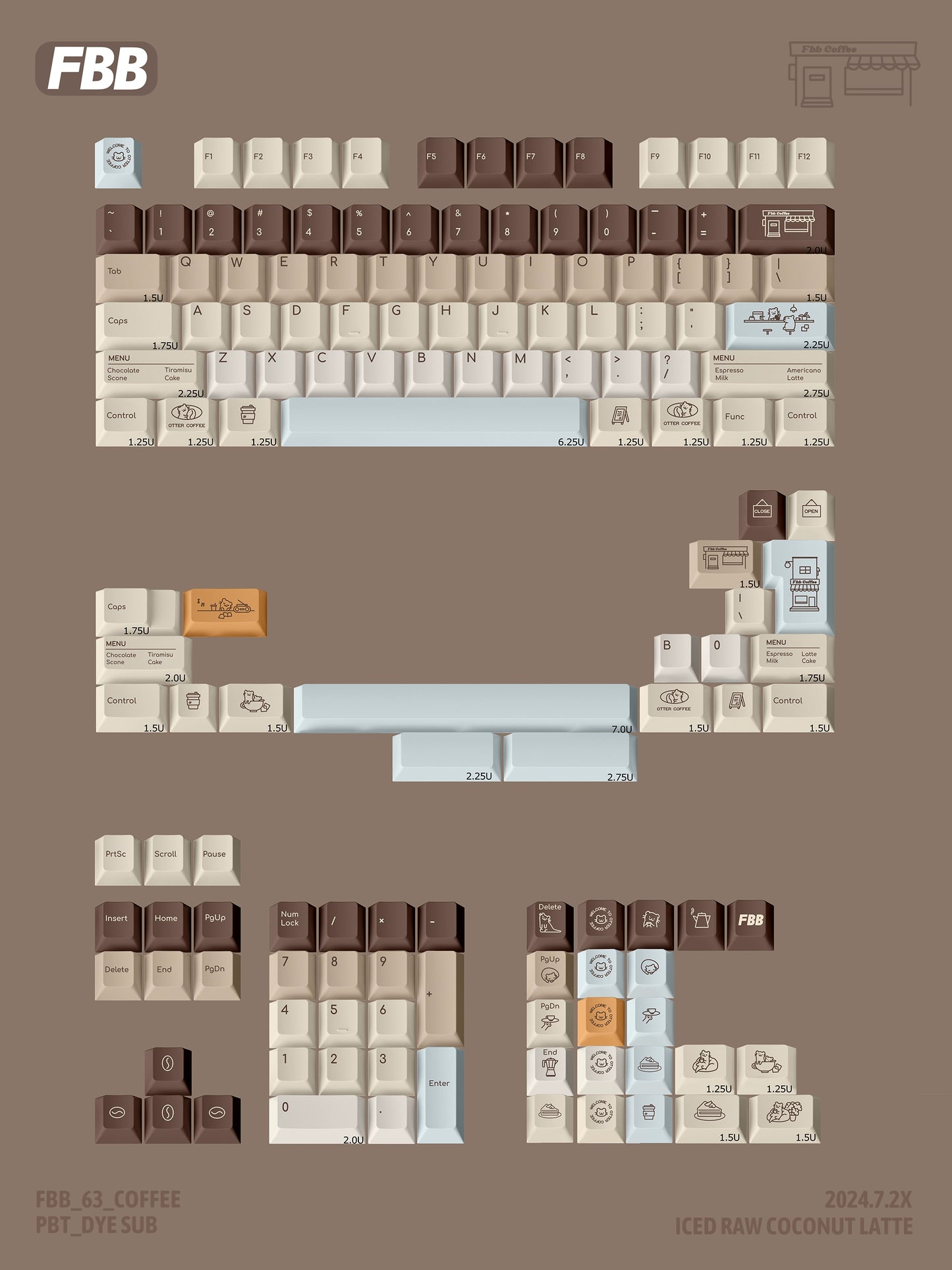 049 Cute Otter Coffee Brown Beige Kapibara Keycaps Cherry Profile FBB Designed 145 Keys 1.6mm Thickness