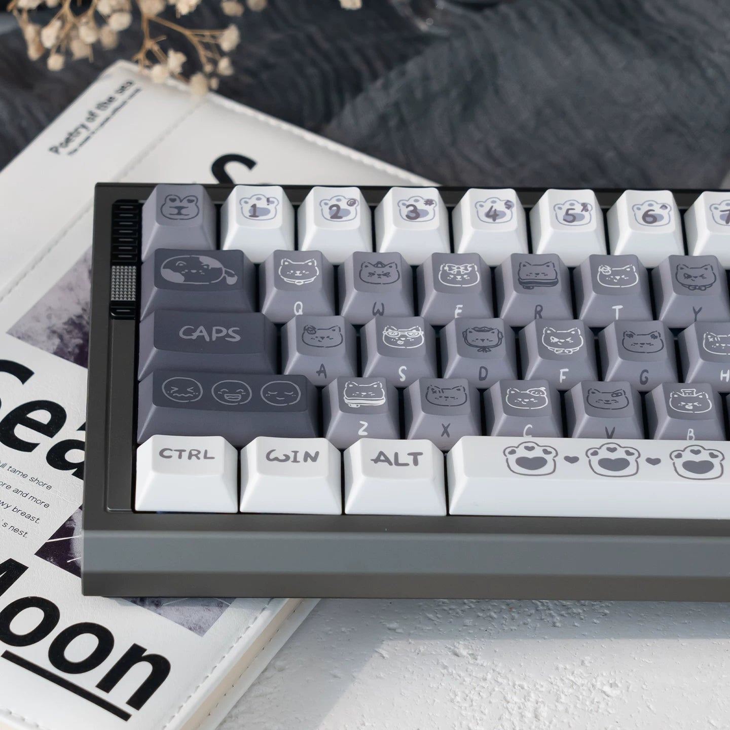 #0276 Emo Gray Kitten Black and White Side Engraved Keycap Designed By URE