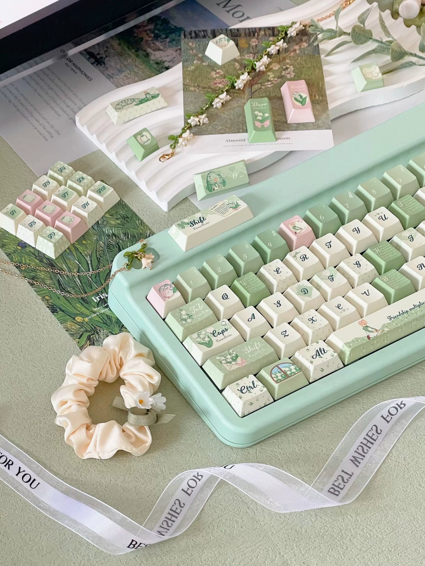 041 Lily of The Valley Pastel Green Pink Cherry Profile Keycap 131 Keys