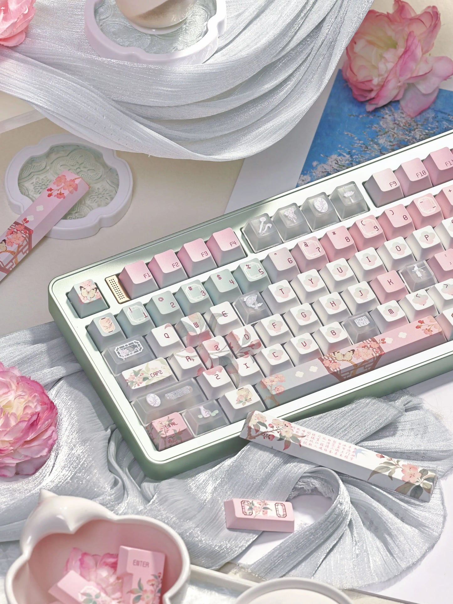 #0264 Begonia Sleepless Keycap Pink Green + Fog Transparent Pc Cherry Profile Designed By Miller