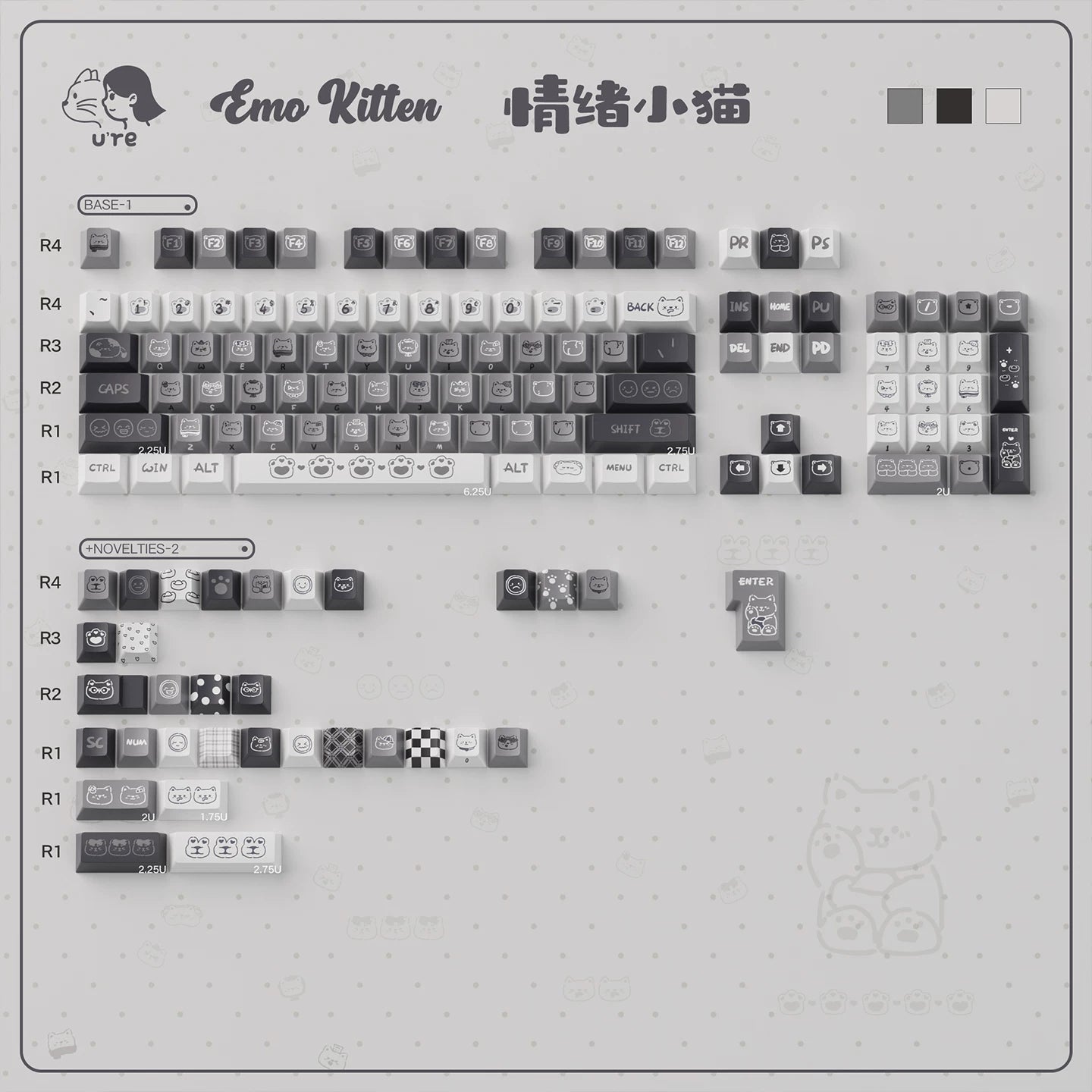 #0276 Emo Gray Kitten Black and White Side Engraved Keycap Designed By URE