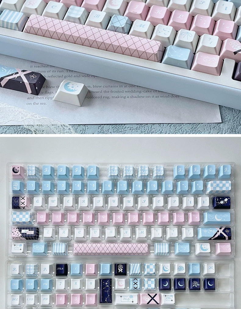 105 Moonlight Rose Pink and Blue Cherry Profile Keycaps 128-key