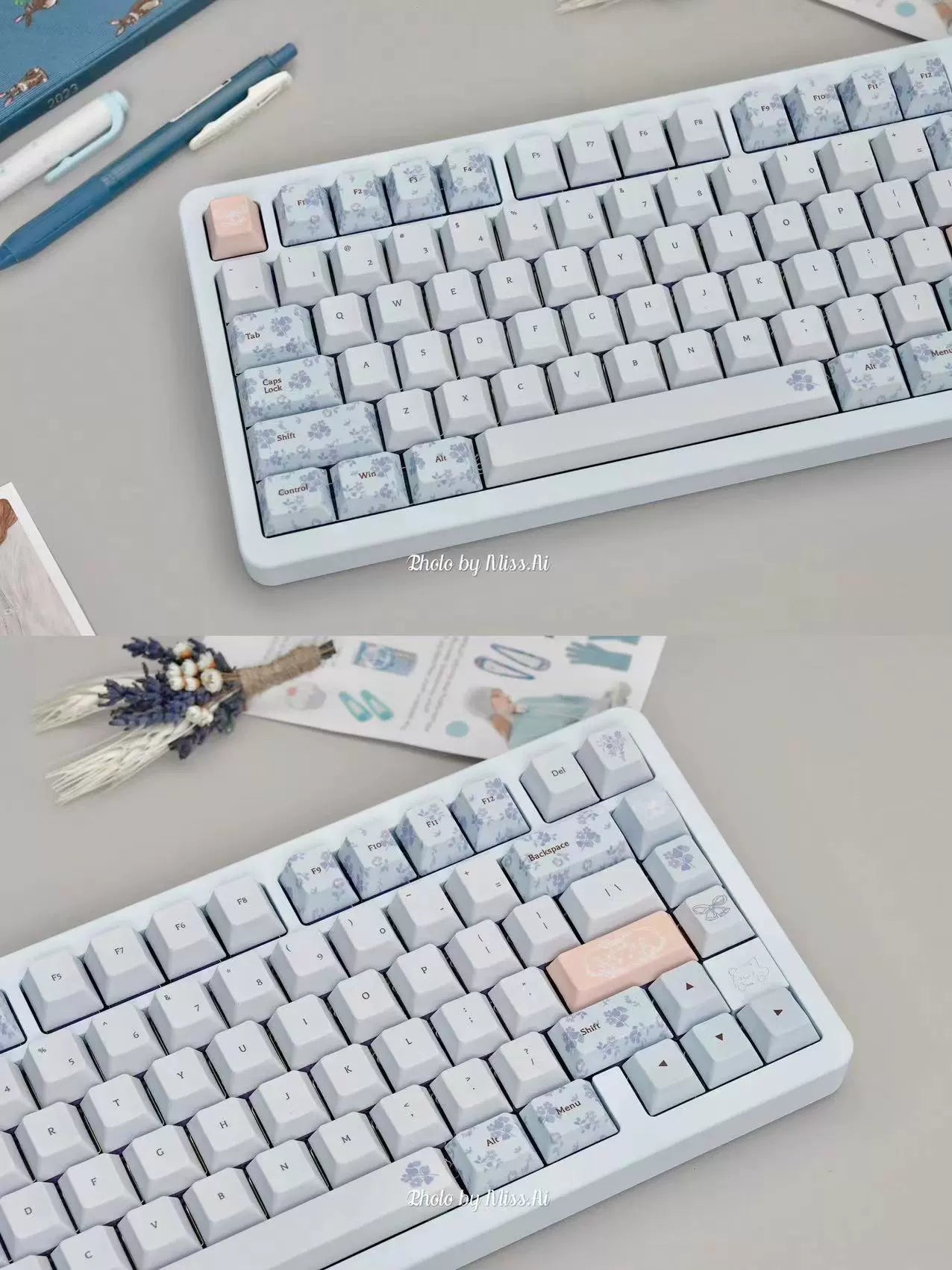 010 Midsummer Night's Dream Light Blue Floral Customized Keycaps 148 Keys Cherry Profile Designed By Keyria Labs