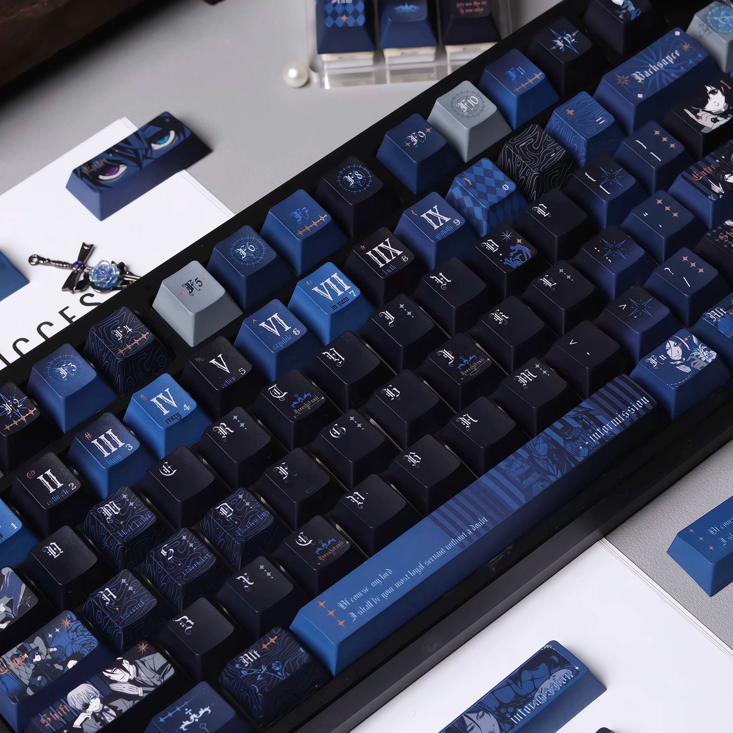 #0247 Black Deacon Themed Keycaps Cobalt Blue Ink Black Cool Style（not including keyboard）