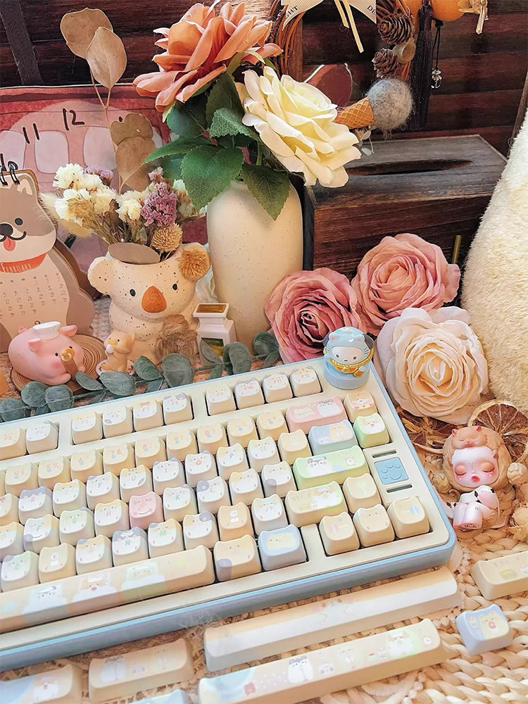 053 Pastel Pale Blue Yellow Beige Kawaii Hamster MAO Profile Customized Keyboard Keycaps Cute Keycaps with Kitty Ears Cat-headed