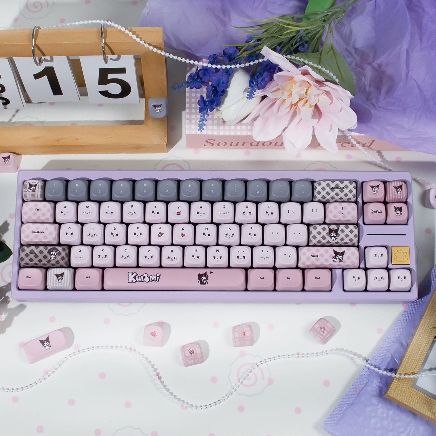 #0234 Kuromi Theme Grey Pink Keycap PBT + PC CHERRY/MOA Profile Designed By URE（not including keyboard））