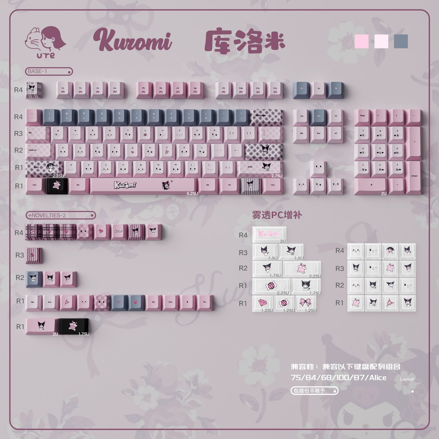 #0234 Kuromi Theme Grey Pink Keycap PBT + PC CHERRY/MOA Profile Designed By URE（not including keyboard））